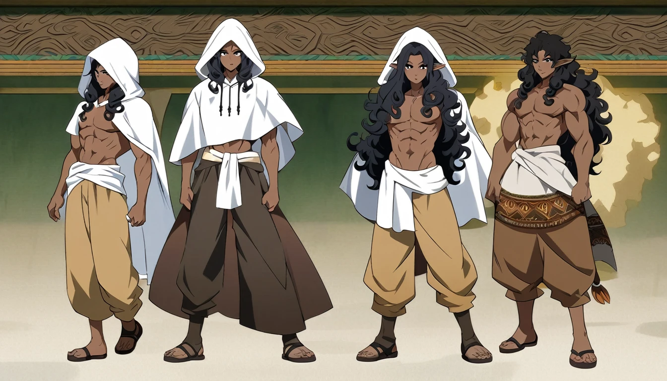 anime art style, dark elf, African skin, black hair, Curly hair, long hair, black eyes, ((man)), athletic body, Druid clothing (white hood, brown pants, white cloth on waist), full body