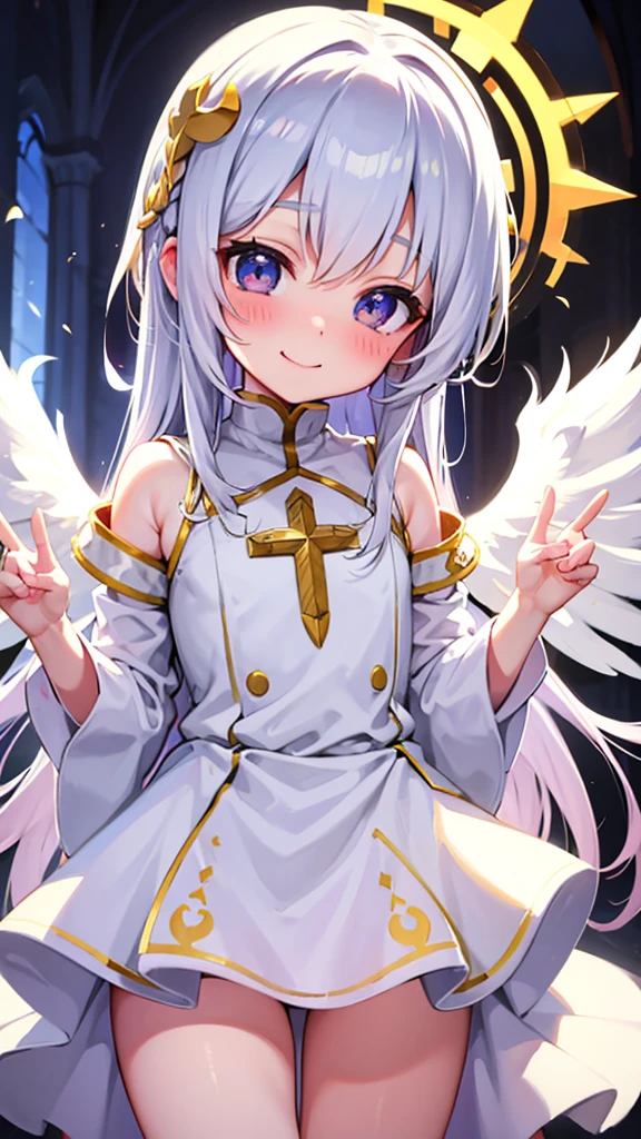Priest loli, happy face, gold hair, white cute clothes, two white wings on back, stands in cathedral