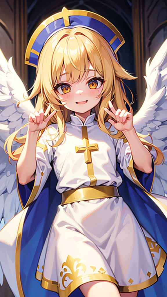 Priest loli, happy face, gold hair, white cute clothes, two white wings on back, stands in cathedral