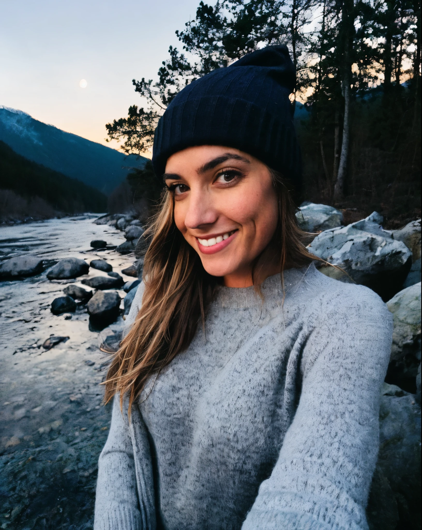 photograph, photo of beautiful woman, selfie, upper body, solo, wearing pullover, outdoors, (night), mountains, real life nature, stars, moon, cheerful, happy, gloves, sweater, beanie, forest, rocks, river, wood, smoke, fog, looking at viewer, skin texture, photo grain, close up, RAW photo