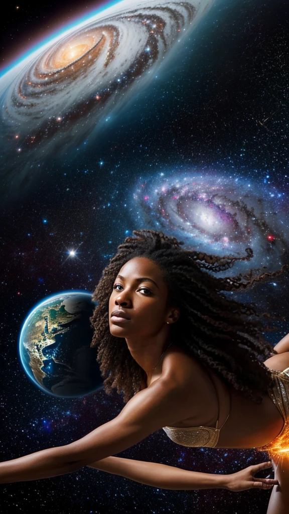 A photorealistic vertical scene of an immensely beautiful African goddess, 1 million kilometers tall, floating in space. She has perfect facial features and long, wavy dark hair that shines with a celestial glow. Her eyes show a mix of strength and extreme effort, with her lips slightly parted, revealing the tension of her monumental task. She is holding two supernovas, each 10 million kilometers in diameter. One supernova shines with an intense blue and white light, while the other emits a vibrant red and orange glow. The energy from the supernovas is so powerful that it generates shockwaves and bursts of light, almost impossible to contain. Her arms are fully stretched, with visible muscles and veins trembling under the pressure. Her body is slightly leaning back, with her feet firmly planted in the void of space, as if struggling against the force of the supernovas pushing against her. The scene is in a vertical 9:16 proportion, with Earth visible in the background, small and distant, highlighting the monumental scale of the goddess and the supernovas. The surrounding space is filled with stars, adding impressive depth to the scene and further emphasizing the magnitude of the goddess's titanic effort.