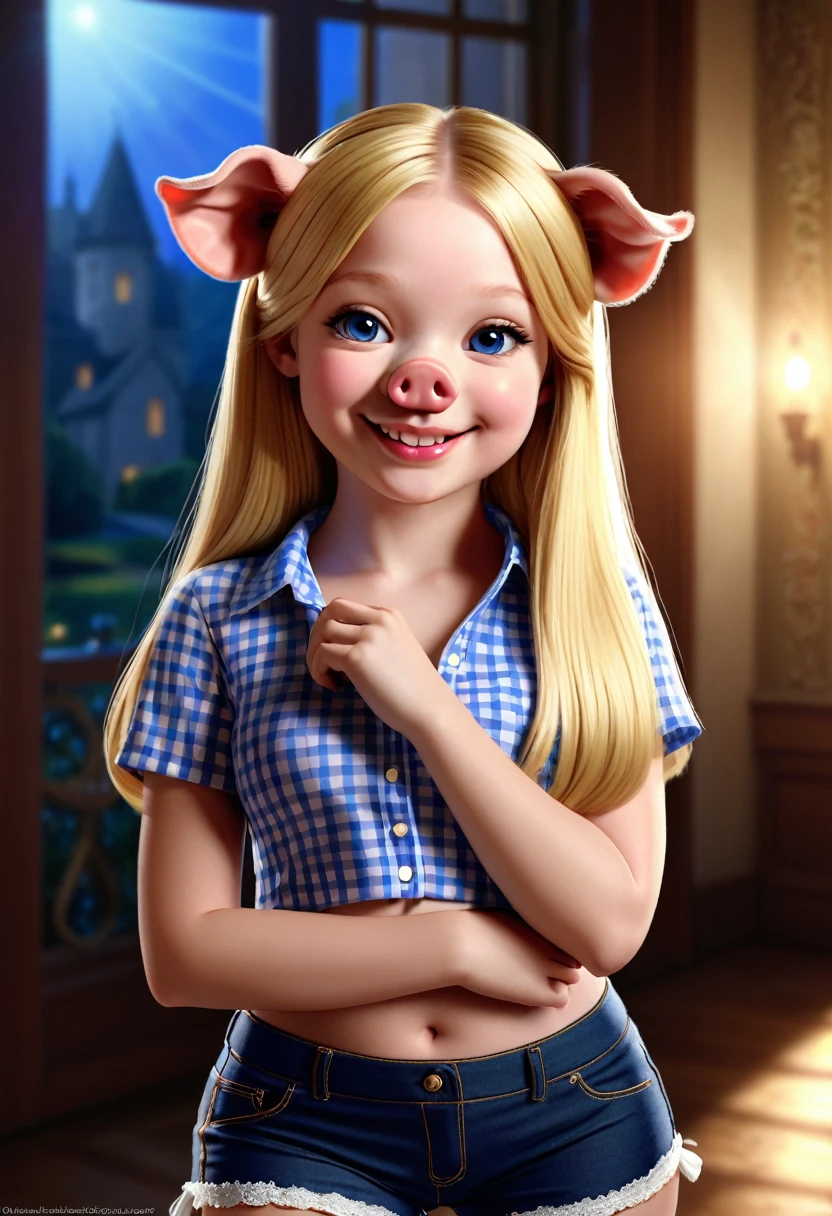 Create an realistic CGI photo of a anthropomorphic pig women. Large pig ears, cute pig nose, Long blond hair. The photo should be of the highest quality, a masterpiece with intricate details. The pig women should have a female, humanoid, appearance, with a vaugly human face. She should have luscious lips, a wide smile, and bright, expressive eyes, exuding beauty, cuteness, and adorableness. Ensure the image is high resolution and sharply detailed, with a detailed and vibrant background. Incorporate mystical lighting in the background, creating a romantic and enchanting atmosphere. regal. noble. jean shorts, gingham shirt.