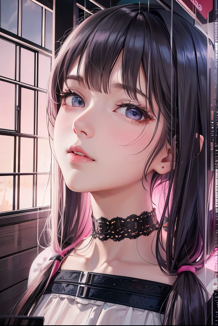 masterpiece, best quality, highly detailed, high resolution, expensive resolution, high resolution, 4k, 8k, uniform 8k wallpaper, highly detailed CG, masterpiece, 2d, 3d, beautiful details, depth, fine texture, best quality: 1.3, perfectly focused, sharp. skin, him, very cute anime girl, her name is Mei, short pigtails, idol, in the rain, expensive pink short pigtails, mole under eye, looking at the viewer, expensive, blush, mole, open lips, pink eyes, heart shaped choker, smiling face