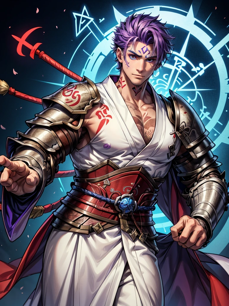 An anthropomorphic cat of (((white coat))) and has striking brown spots on his cheeks and a (((rune-shaped tatoo))) of bluish color on his left cheek. He wears a white (((Japanese kimono))) adorned with magical runes. In some parts your kimono mixes with parts of (((heavy armor))). His hands have red spots in his fingers, looking like he was put his hands in blood. He has a purple magic pouche with blue runes.