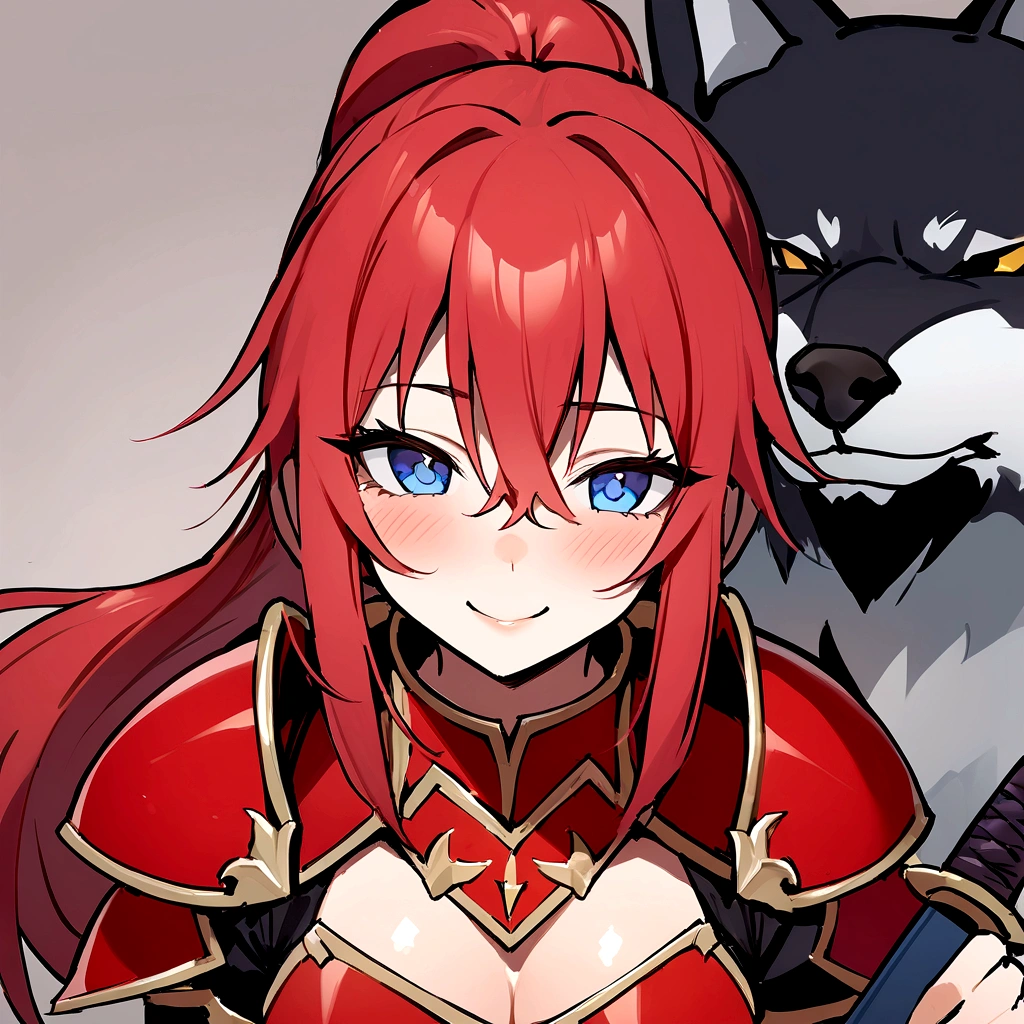 (masterpiece)、high resolution、21-year-old beauty female knight in red armor、Red hair in a ponytail、blue eyes、An inappropriate smile、Holding a Japanese sword、With a big wolf by his side。