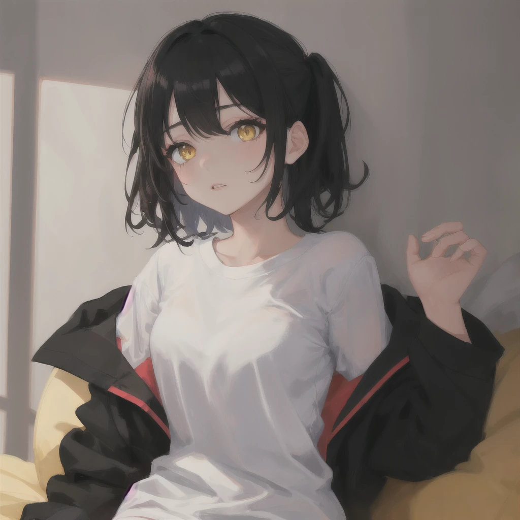 1girl, Black cut hair, yellow eyes, black pijamas, black background, enamored, loved, Red cheeks
