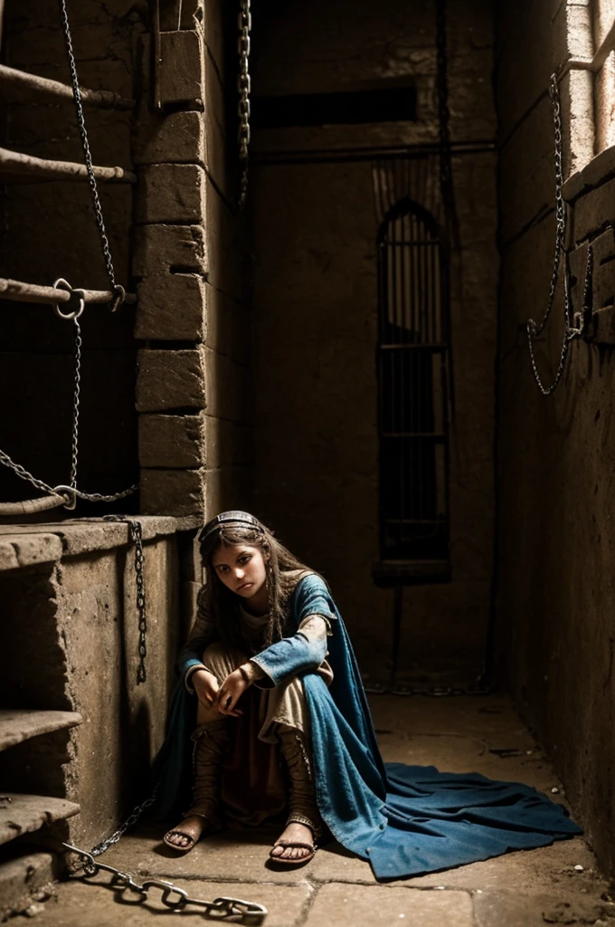 An 18 years old lady who was chained in the hand. Starved and has dirty noble clothes. Imprisoned in the cell in the basement. Medieval or Fantasy scene. Make her sit in the floor. don't show her face.