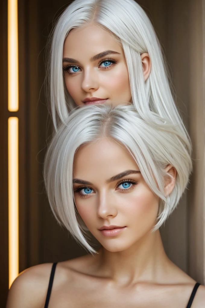 A beautiful young woman, With white hair and amber eyes 