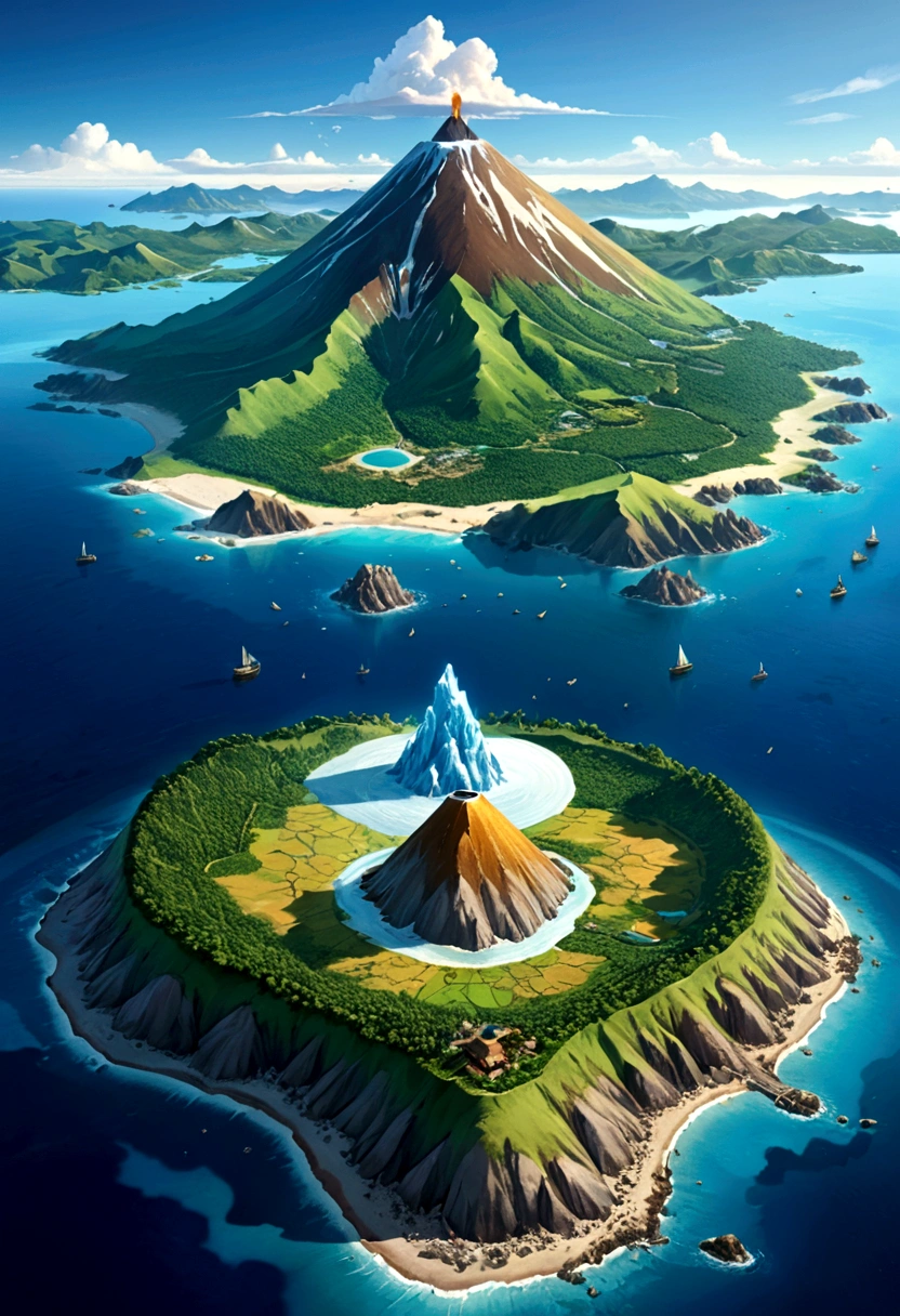 an island surrounded by an ocean with icy mountains to the north with a dormant volcano and gold mine, lush forest at the middle, grasslands to the south, desert at the west, villages at the east, beach all around
