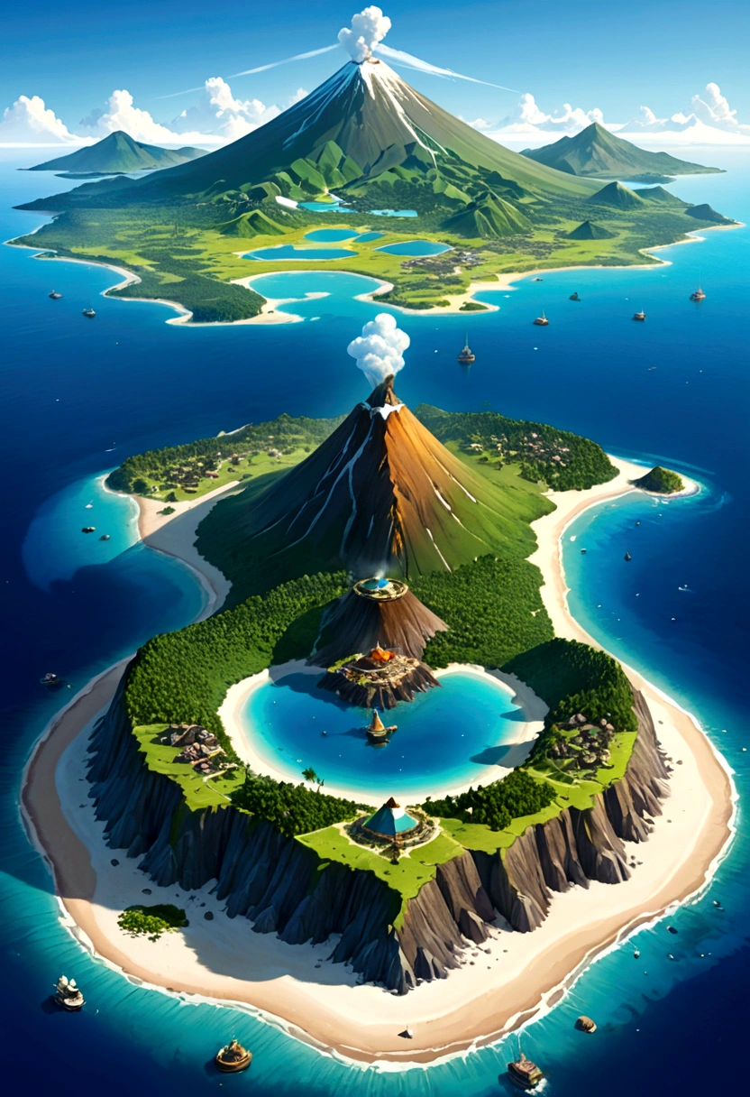 an island surrounded by an ocean with icy mountains to the north with a dormant volcano and gold mine, lush forest at the middle, grasslands to the south, desert at the west, villages at the east, beach all around