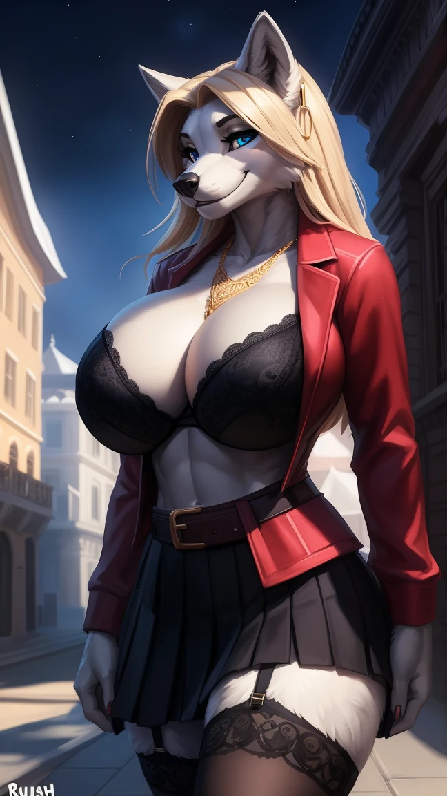 sfw, uploaded the e621, beautiful and detailed,woman (((female))) ((anthro)) wolf Lykaios, Ross Tran, by ruan jia, by zaush, by foxovh, lighting cinematic, seductor, wolf Lykaios, dark fur, thighighs, (huge chest) foxovh 1girls ai_generated masterpiece:1.2, best quality, realistic, (real picture, intricate details, depth of field), beautiful blonde woman, she has striking blue eyes, highly-detailed, perfect face, (huge breasts:1.5), (skindentation), thick thighs, wide hips, small waist, tall, (huge ass:1.2), blushing, sexy, Detailed body , (Detailed face:1.1), (perfect aig chest:1.3), thick eyelashes, long eyeslashes.Perfect dynamic composition, (gals:1.2), cleavage, Jewelry, earrings, Red jacket, Open your clothes, Tied shirt, tented shirt, Unbuttoned shirt, bra peek, Lace-trimmed bra, Belt bag, Belt bag, Pleated skirt, Lace-trimmed legwear, garter strap, See-through, hoop earrings, Gal, Evil smile, Seductive smile, blush, Pose Seductive, (Seductive smile:1.4), thick lips, Street, night sky 8k, 4K, masterpiece, Best Quality, Fantasy, Extremely detailed, Convoluted, Hyper Detailed, Detailed eyes, (Perfect face), Illustration, Soft lighting, (Specular lighting:1.2), Looking at Viewer, SFW,