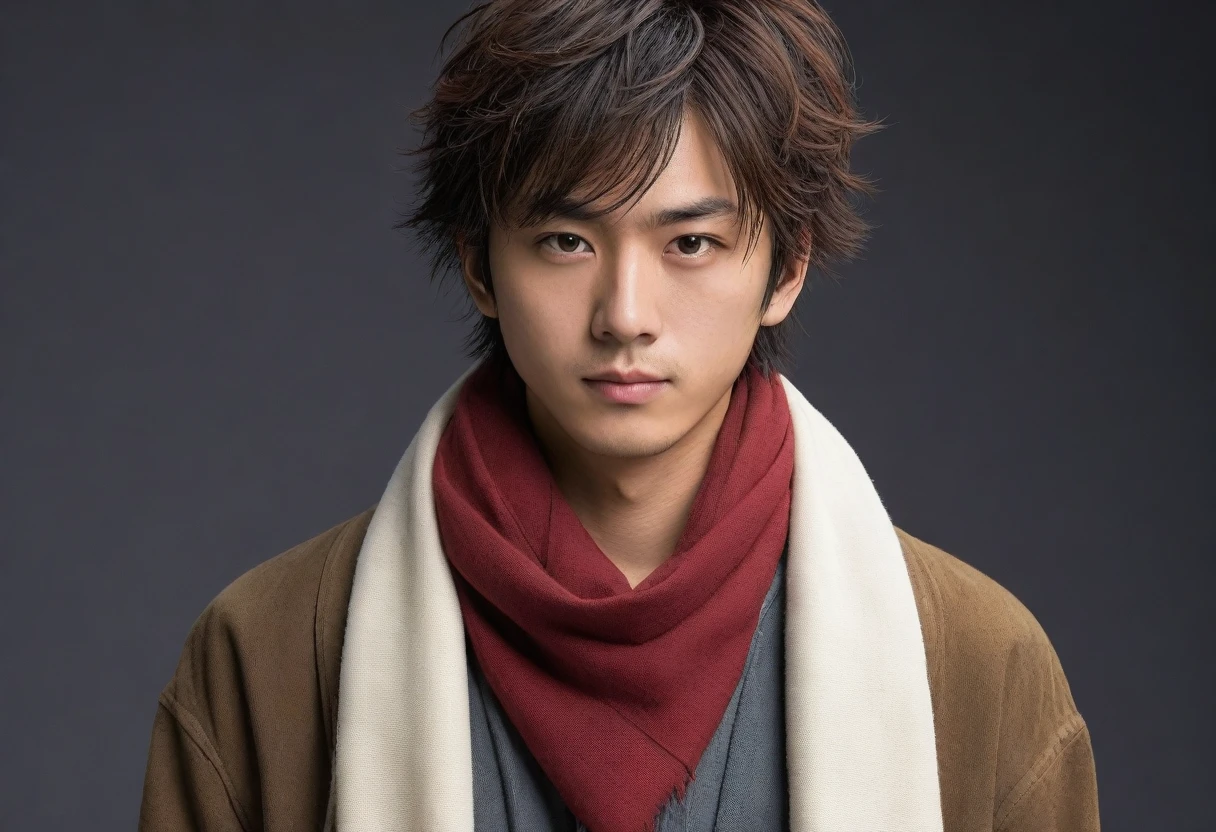 1man, perfect face, Young Japanese man wearing a red scarf and a somewhat old and worn brown jacket, best quality ,masterpiece, illustration, extremely detailed ,CG ,unity ,8k wallpaper, Amazing, finely detail, masterpiece,best quality,official art,extremely detailed CG unity 8k wallpaper,absurdres, incredibly absurdres, huge filesize, ultra-detailed, highres, extremely detailed, messy hair, japanese boy, japan young man, completely white t-shirt, battered red scarf, ryoma nagare, cream coat,18yo, 18 years old, age 18,
