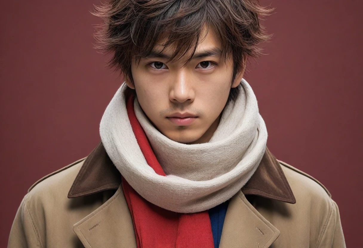1man, perfect face, Young Japanese man wearing a red scarf and a somewhat old and worn brown jacket, best quality ,masterpiece, illustration, extremely detailed ,CG ,unity ,8k wallpaper, Amazing, finely detail, masterpiece,best quality,official art,extremely detailed CG unity 8k wallpaper,absurdres, incredibly absurdres, huge filesize, ultra-detailed, highres, extremely detailed, messy hair, japanese boy, japan young man, completely white t-shirt, battered red scarf, ryoma nagare, cream coat,18yo, 18 years old, age 18,