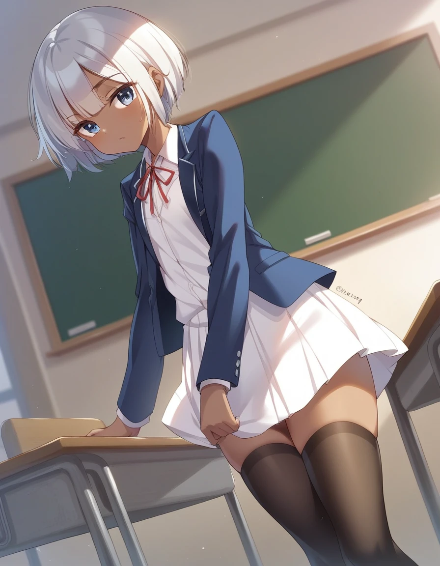 BREAK Perfect Anatomy、Highest quality、(High resolution:1.2)、Unbelievably absurd:1.3、Incredible illustrations、(Cute illustrations:1.2)、（Beautiful background,classroom）、1gial(Silver hair, blue eyes、Bobcut(,(a girl, , height 1.3meters, 30kg),,10-ye-olat ch、dark skin:1.5）(flat chest)（blazer,stockings）（story,dutch angle,cinematic angle）