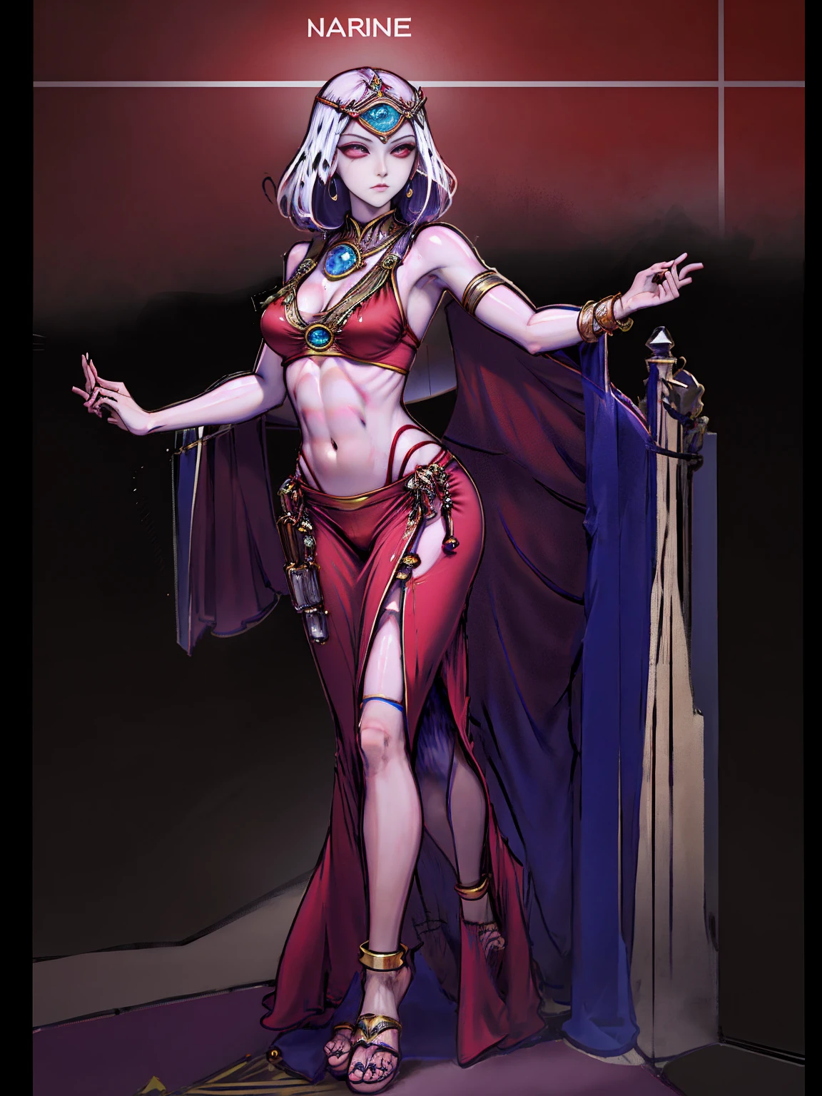 best quality, masterpiece, 1girl, perfect face, detailed eyes, perfect skin, looking to viewer, standing on 1leg wearing red bikini outfit, full body toe to head, barefeet, tiara, muscle tone body abs, navel, ARMS UP showing shaved armpits (hands behind head) red eyes, gem, circlet, jewelry, tiara (plain background)