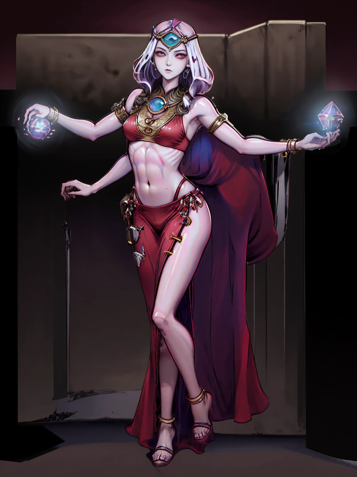 best quality, masterpiece, 1girl, perfect face, detailed eyes, perfect skin, looking to viewer, standing on 1leg wearing red bikini outfit, full body toe to head, barefeet, tiara, muscle tone body abs, navel, ARMS UP showing shaved armpits (hands behind head) red eyes, gem, circlet, jewelry, tiara (plain background)