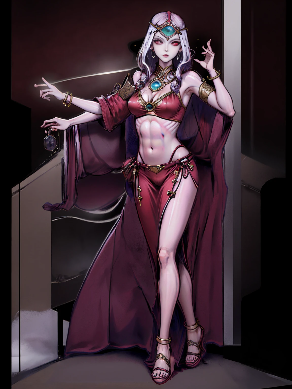 best quality, masterpiece, 1girl, perfect face, detailed eyes, perfect skin, looking to viewer, standing on 1leg wearing red bikini outfit, full body toe to head, barefeet, tiara, muscle tone body abs, navel, ARMS UP showing shaved armpits (hands behind head) red eyes, gem, circlet, jewelry, tiara (plain background)