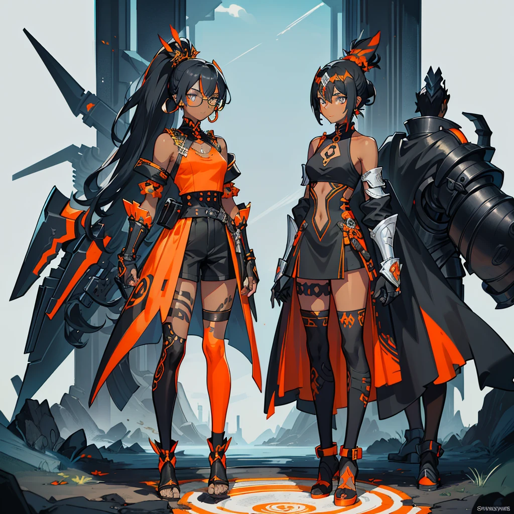 (((conceptual artwork))), (((one caracter))), female, (((darkskin)))), Black hair with ponytail, clear blue eyes, Round glasses with slightly dark lenses, This lens is orange, and the Light Blue frame, ((Black metallic gauntlets and greaves with orange and silver highlights)), (((The clothes have a mix of modern and tribal))), (((The clothes have a mix of modern and tribal))), mainly in black, but having orange pieces, Shoulders exposed, On the hip, a short that extends to mid-thigh in black.(((one caracter))), female, (((darkskin)))), Black hair with ponytail, clear blue eyes, Óculos redondos com uma pequena lente escura This lens is orange, and the Light Blue frame, (((Black metallic gauntlets and greaves with orange and silver highlights)), (((The clothes have a mix of modern and tribal)))), Having mainly black color, but having pieces of orange, Shoulders on display, On the hip one Shorts extending to Half Thigh in black.