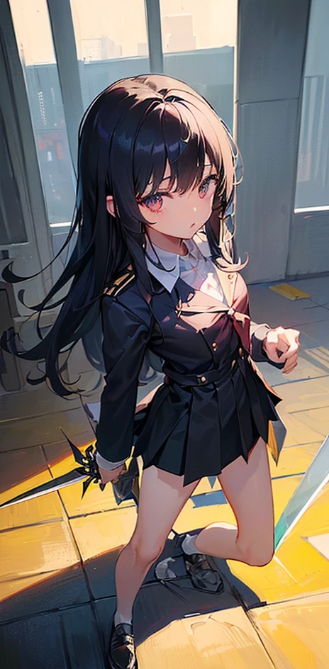 ((Black Hair、Long Hair、Iris、Small build、high school girl）、（Wearing a uniform、Holding a throwing dagger in his hand, he is ready to throw it.）、（In a high school classroom、Full body illustration、Looking straight ahead））