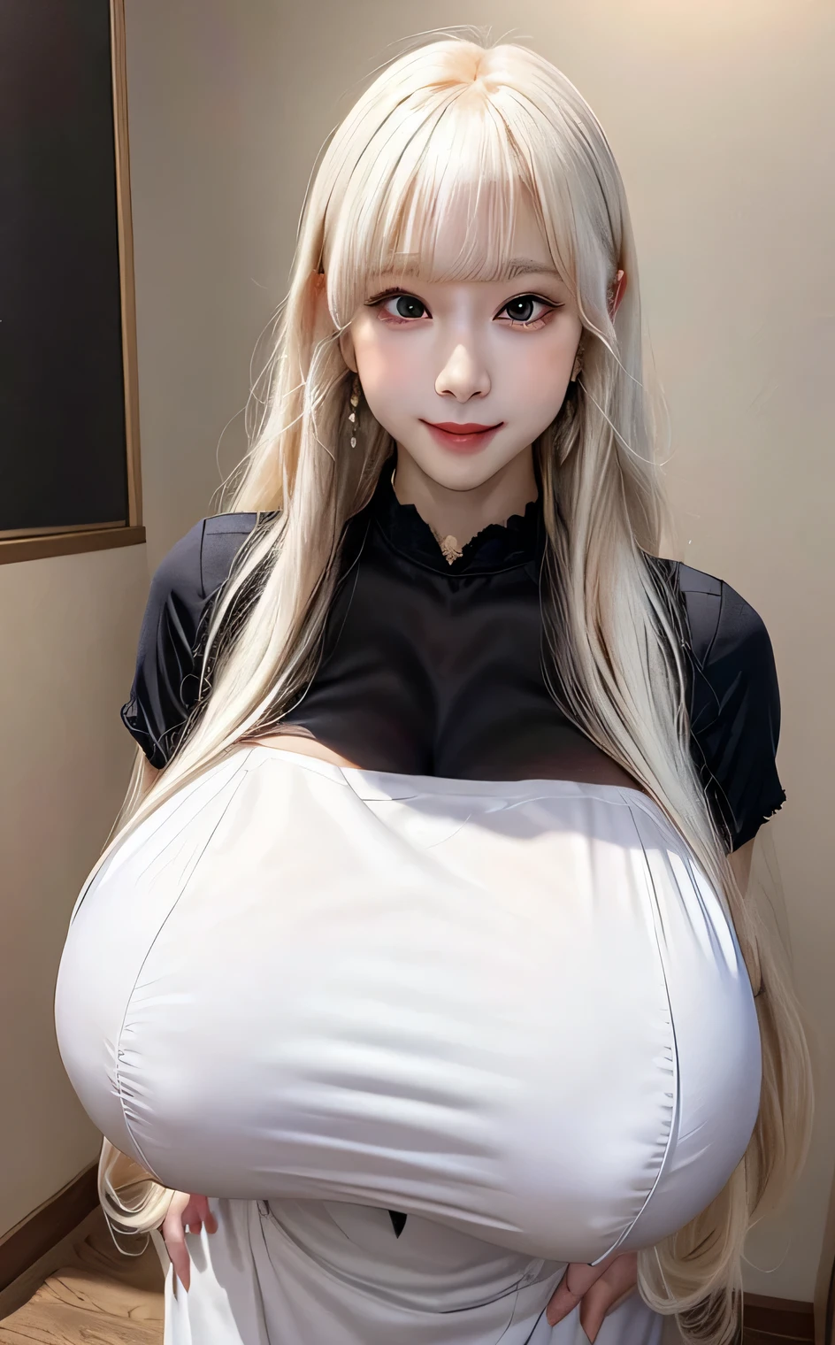 ((masterpiece:1.2、Highest quality、Tmasterpiece))、1 female、alone、classroom、Day、(Korean Idol:1.2)、(Are standing:1.4)、bionde、(Hime Hair:1.4)、Wavy Hair、Medium Hair、Beautiful legs、BREAK、((Princess Dress:1.4))、(Beautiful white skin:1.4)、(Big Breasts:1.5)、(black tights)、Hoop Earrings、corset、lipstick、Pleated mini skirt、Ring Choker、blush、smile、Covered breasts、(Thick lips:1.2)、Detailed body、Very detailed painting, Luminism、4K resolution、 Rendering、Exquisitely crafted , cinematic、Realistic、Hit definition、Abstract Beauty、Approaching perfection, Pure Form, Golden Ratio、Very detailed, Digital photography, Soft natural light, 50MM lens, F1.8 Vacancies、blush、Small face、(Narrow waist),(albino:1.5),(anorexia:1.3),(Sickly:1.2),(smile),(Saggy breasts),(A dress that covers the chest:1.6),(fat:1.3)