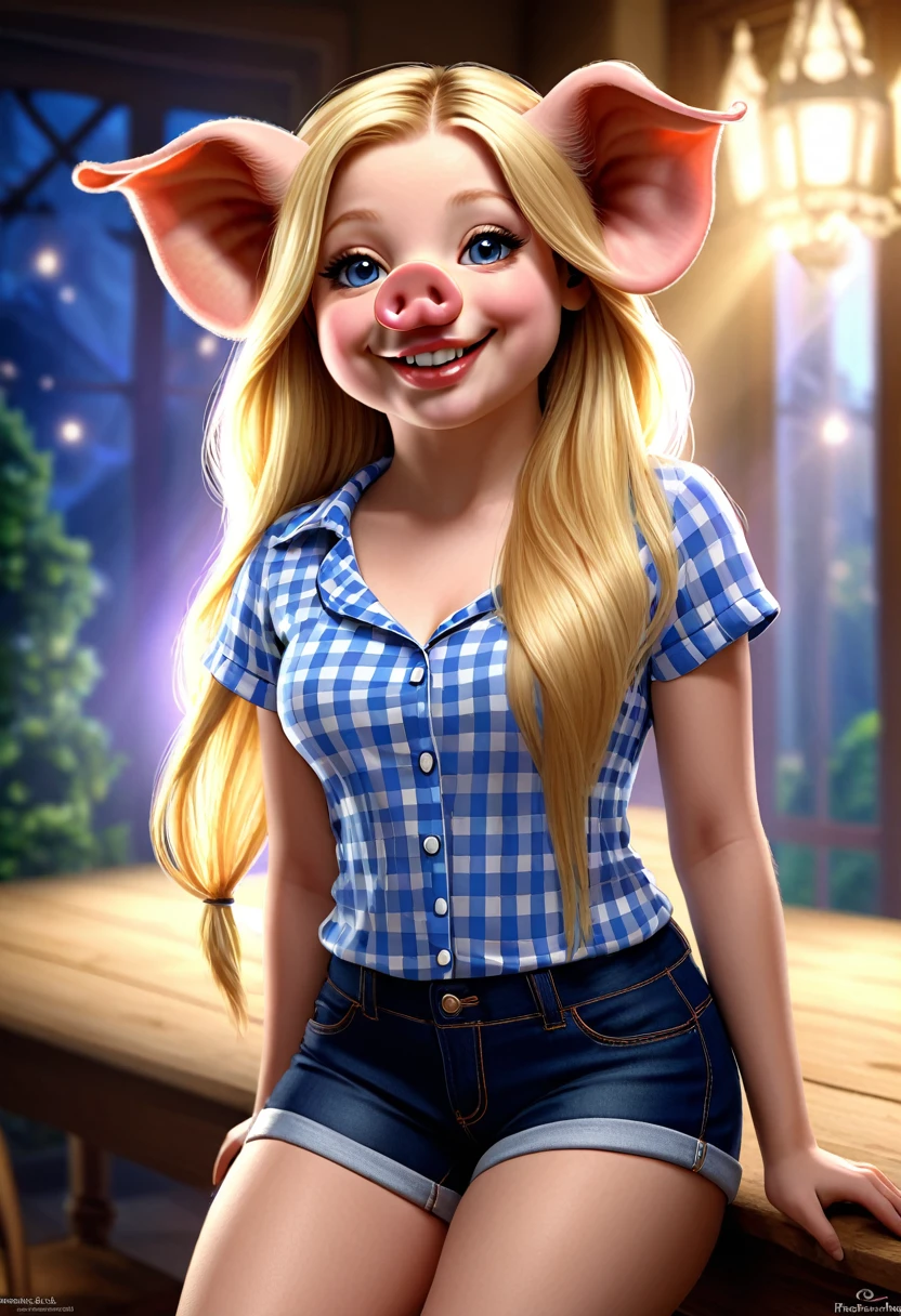 Create an realistic CGI photo of a anthropomorphic pig women. Large pig ears, pig nose, Long blond hair. The photo should be of the highest quality, a masterpiece with intricate details. The pig women should have a female, humanoid, appearance, with a vaugly human face. She should have luscious lips, a wide smile, and bright, expressive eyes, exuding beauty, cuteness, and adorableness. Ensure the image is high resolution and sharply detailed, with a detailed and vibrant background. Incorporate mystical lighting in the background, creating a romantic and enchanting atmosphere. regal. noble. jean shorts, gingham shirt.
