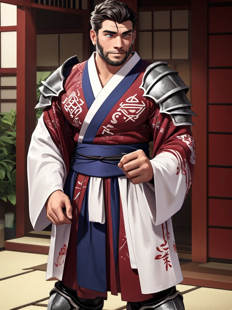 An anthropomorphic cat of (((white coat))) and has striking brown spots on his cheeks and a (((rune-shaped tatoo))) of bluish color on his left cheek. He wears a white (((Japanese kimono))) adorned with magical runes. In some parts your kimono mixes with parts of (((heavy armor))). His hands have red spots in his fingers, looking like he was put his hands in blood. He has a purple magic pouche with blue runes.