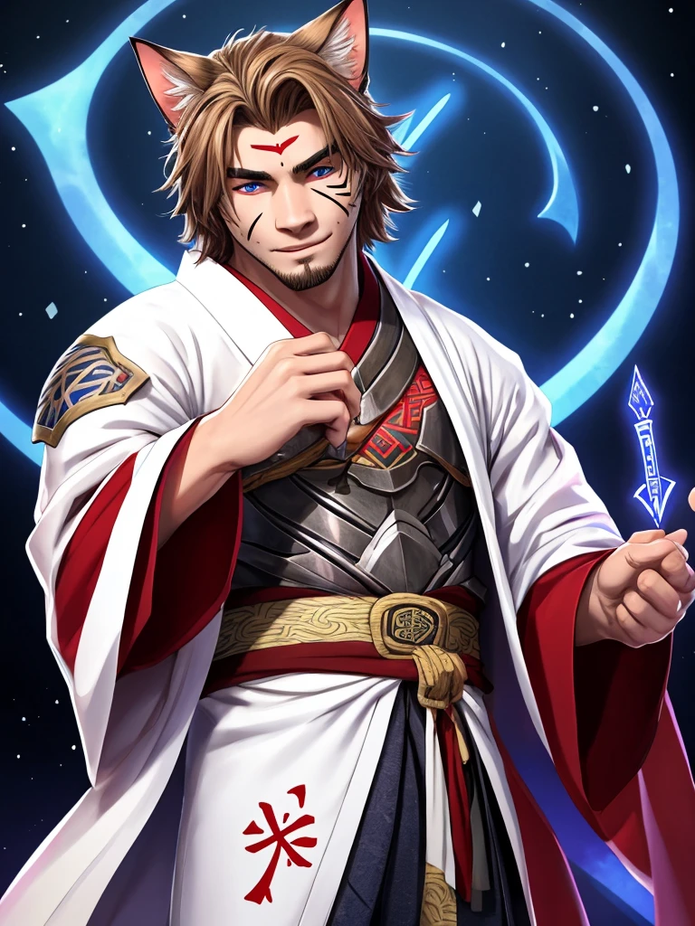 An anthropomorphic cat of (((white coat))) and has striking brown spots on his cheeks and a (((rune-shaped tatoo))) of bluish color on his left cheek. He wears a white (((Japanese kimono))) adorned with magical runes. In some parts your kimono mixes with parts of (((heavy armor))). His hands have red spots in his fingers, looking like he was put his hands in blood. He has a purple magic pouche with blue runes.