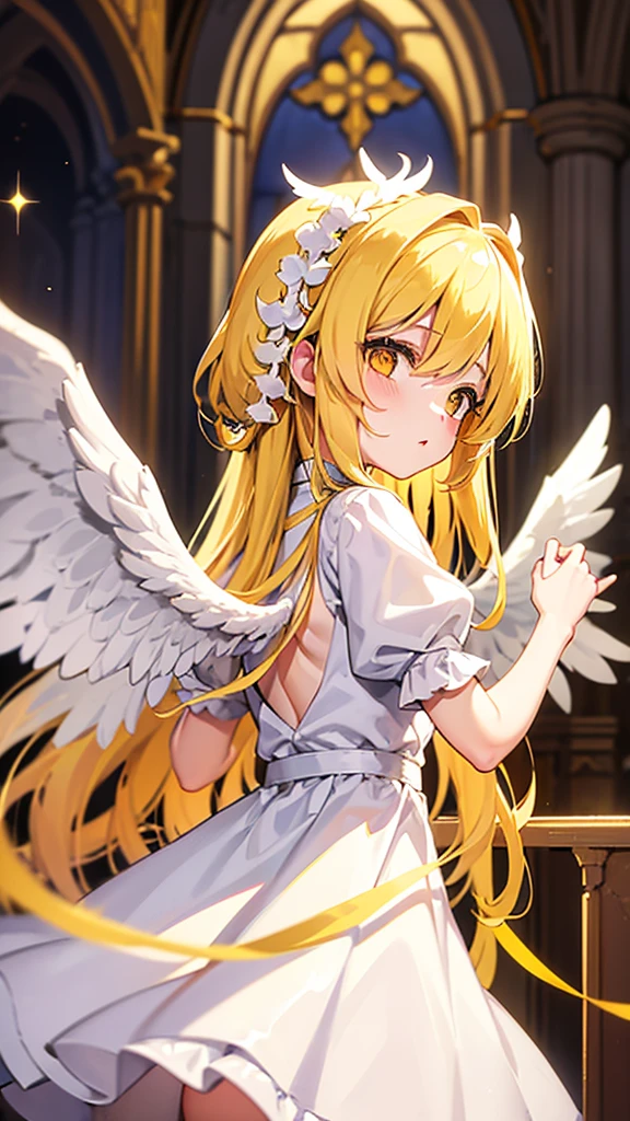Priest loli, gold hair, yellow sparkling eyes, white cute clothes, two white wings on back, stands in cathedral, 2/5 of photo is loli and 3/5 of photo is background.
