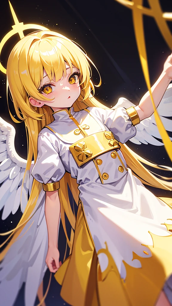 Priest loli, gold hair, yellow sparkling eyes, white cute clothes, two white wings on back, stands in cathedral, 2/5 of photo is loli and 3/5 of photo is background.