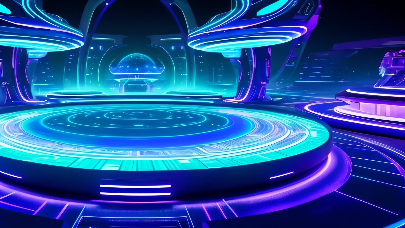 Futuristic Setting: A floating circular stage, surrounded by neon holograms that project ever-changing images of alien landscapes and futuristic cityscapes. At the center, a crystal pedestal emitting pulsating light, where each hologram appears to interact with the music.