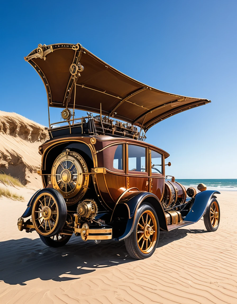 A steampunk car with its doors open, parked on a beach under a bright sun, with mechanical details and gears visible. The background shows sandy dunes and a clear sky
