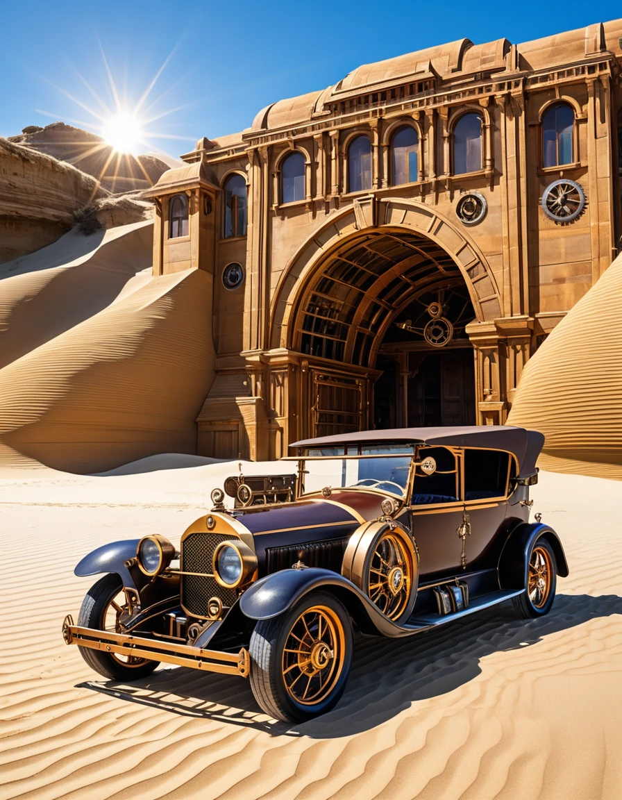 A steampunk car with its doors open, parked on a beach under a bright sun, with mechanical details and gears visible. The background shows sandy dunes and a clear sky