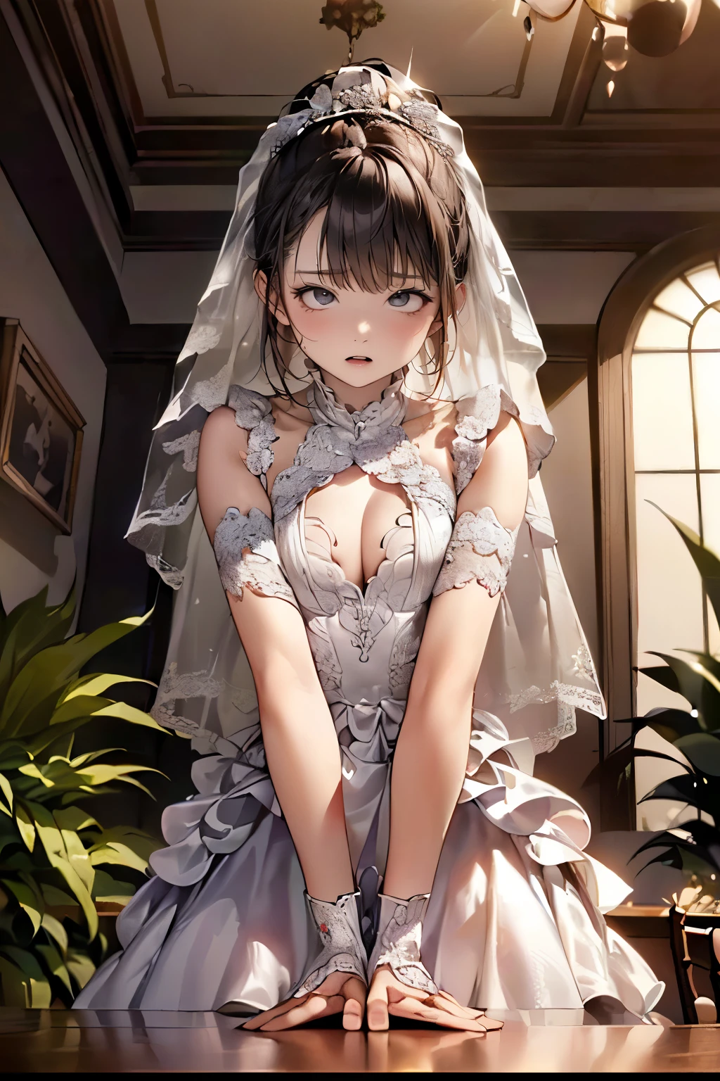 angle from side below, (((round face))), drooping eyes, tiny earrings, ((bride, white wedding dress, ((standing and straddling to hit her crotch area against a corner of the table for masturbation while hiding her crotch with dress)), open mouth, plants, in the garden, hair up,