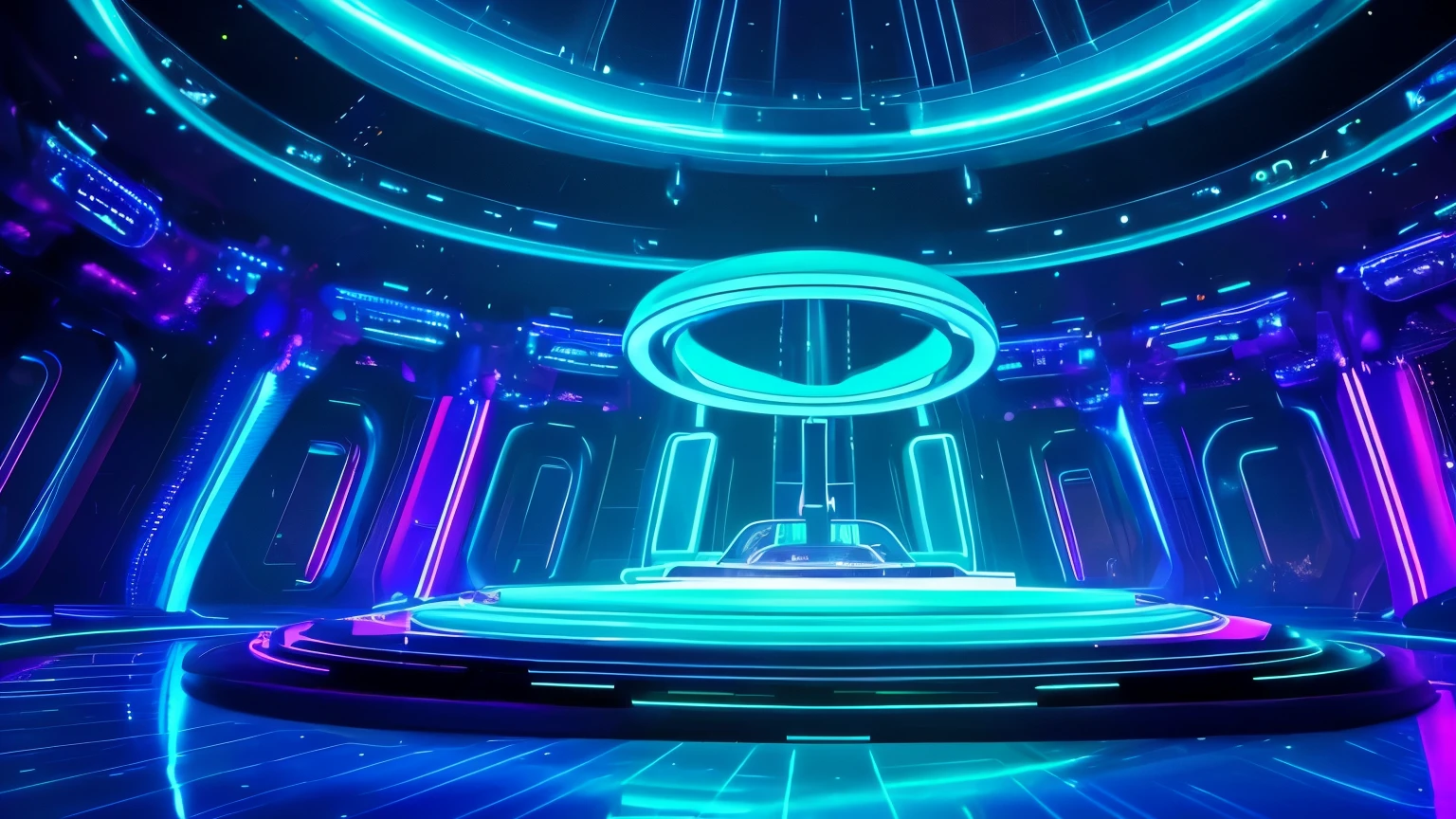 Futuristic Setting: A floating circular stage, surrounded by neon holograms that project ever-changing images of alien landscapes and futuristic cityscapes. At the center, a crystal pedestal emitting pulsating light, where each hologram appears to interact with the music. no centro do palco um robot playing guitar alone, UNIQUE UNIVERSE ROBOT