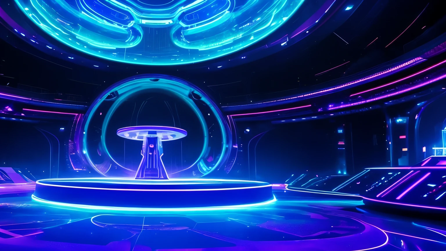 Futuristic Setting: A floating circular stage, surrounded by neon holograms that project ever-changing images of alien landscapes and futuristic cityscapes. At the center, a crystal pedestal emitting pulsating light, where each hologram appears to interact with the music. no centro do palco um robot playing guitar alone, UNIQUE UNIVERSE ROBOT