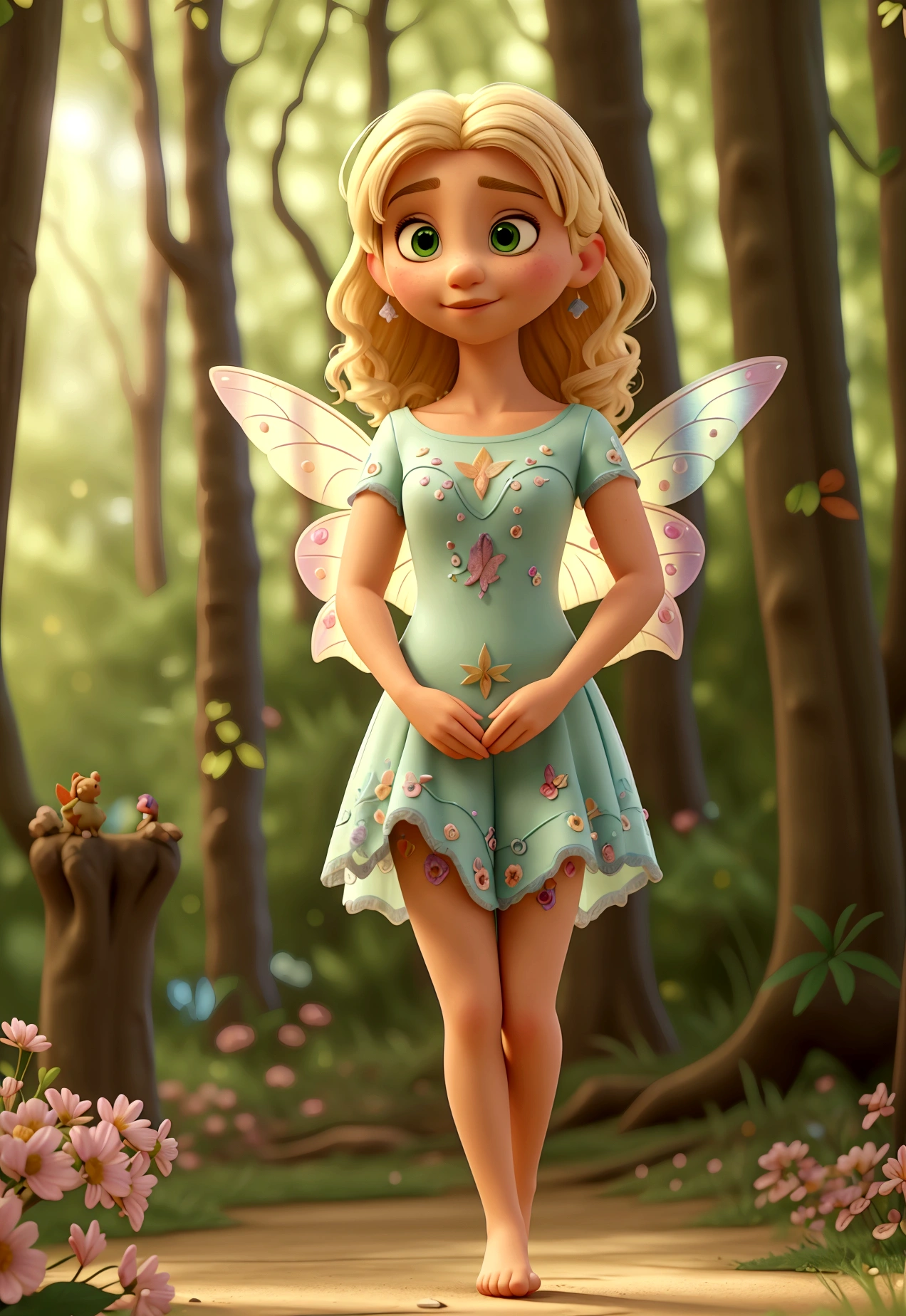 Full body shot of (a stunning fairy) with {blonde} hair and with cute face, beautiful innocent green eyes, delicate transparent colorfull wings, (fairy forest bokeh), delicate feet walking thru a flowery path, perfect composition, hyperrealistic, super detailed, 8k, high quality, trending art, trending on artstation, sharp focus, studio photo, intricate details, highly detailed, by greg rutkowski