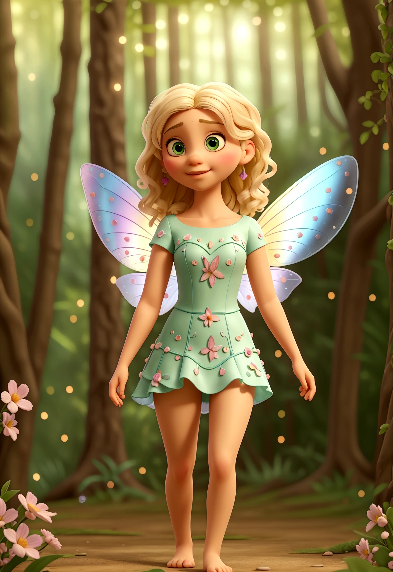 Full body shot of (a stunning fairy) with {blonde} hair and with cute face, beautiful innocent green eyes, delicate transparent colorfull wings, (fairy forest bokeh), delicate feet walking thru a flowery path, perfect composition, hyperrealistic, super detailed, 8k, high quality, trending art, trending on artstation, sharp focus, studio photo, intricate details, highly detailed, by greg rutkowski