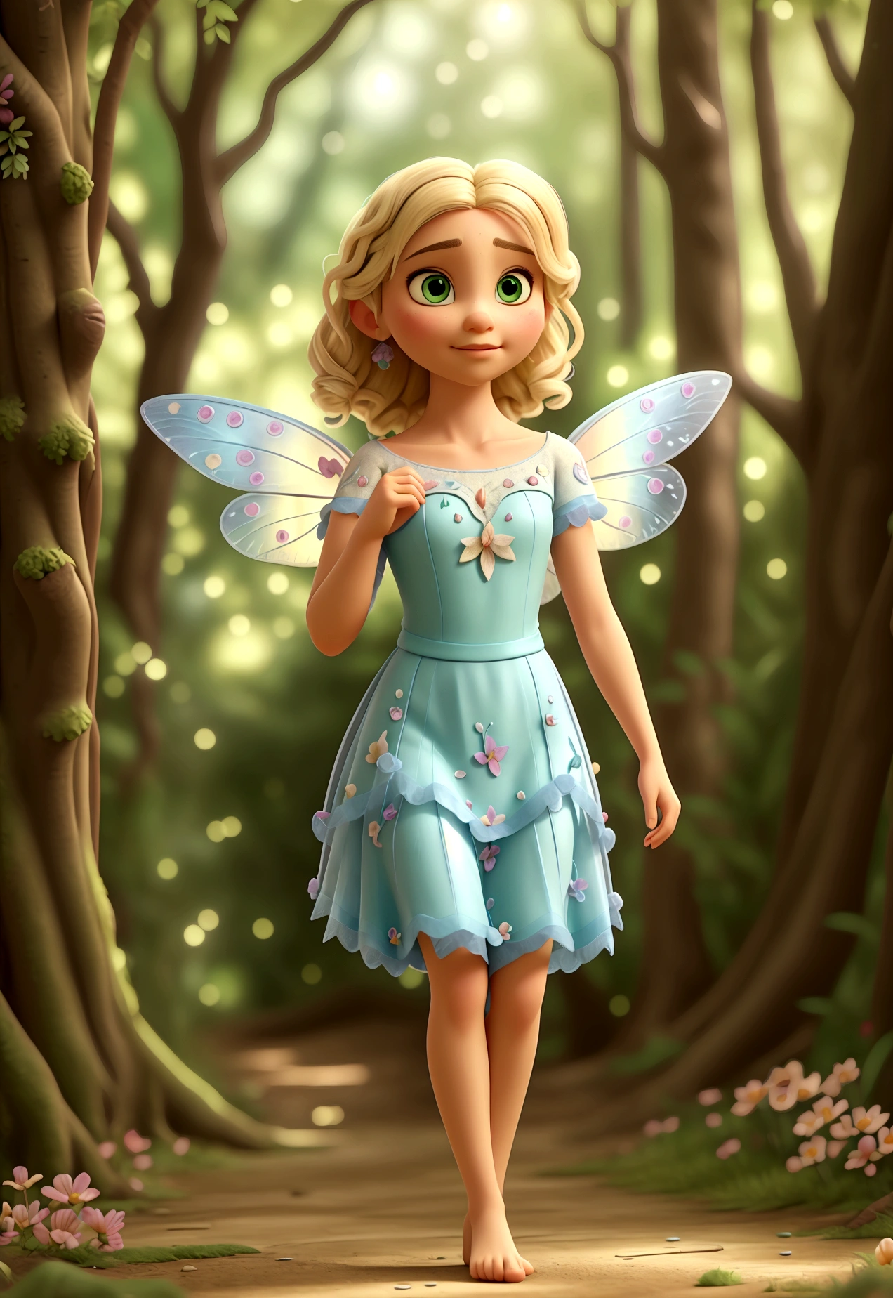 Full body shot of (a stunning fairy) with {blonde} hair and with cute face, beautiful innocent green eyes, delicate transparent colorfull wings, (fairy forest bokeh), delicate feet walking thru a flowery path, perfect composition, hyperrealistic, super detailed, 8k, high quality, trending art, trending on artstation, sharp focus, studio photo, intricate details, highly detailed, by greg rutkowski