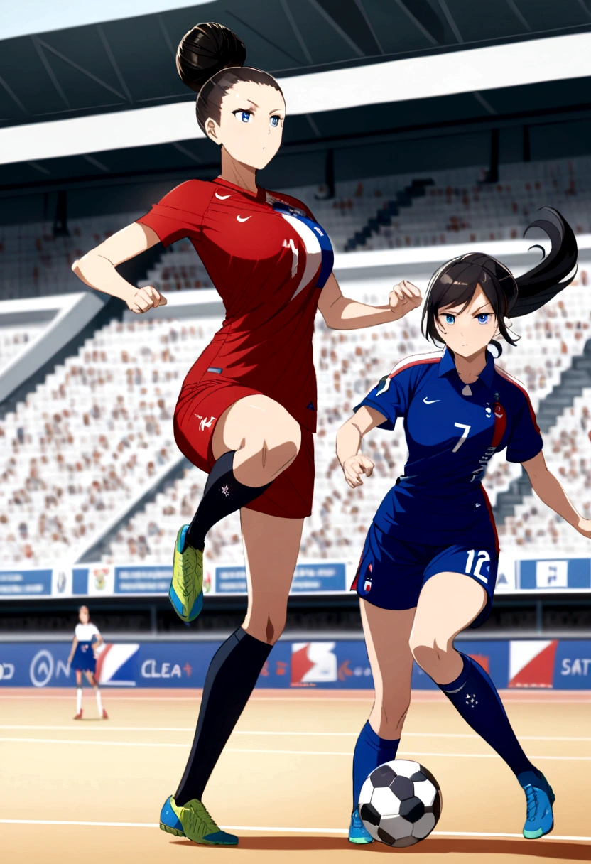 (anime,2D)Women,soccer player,clear skin,thin face ,blue eyes,pupil with stars,black hair,long,fringe,standard height,big breasts,small waist,long legs,France national team uniform,on a court,kicking the ball