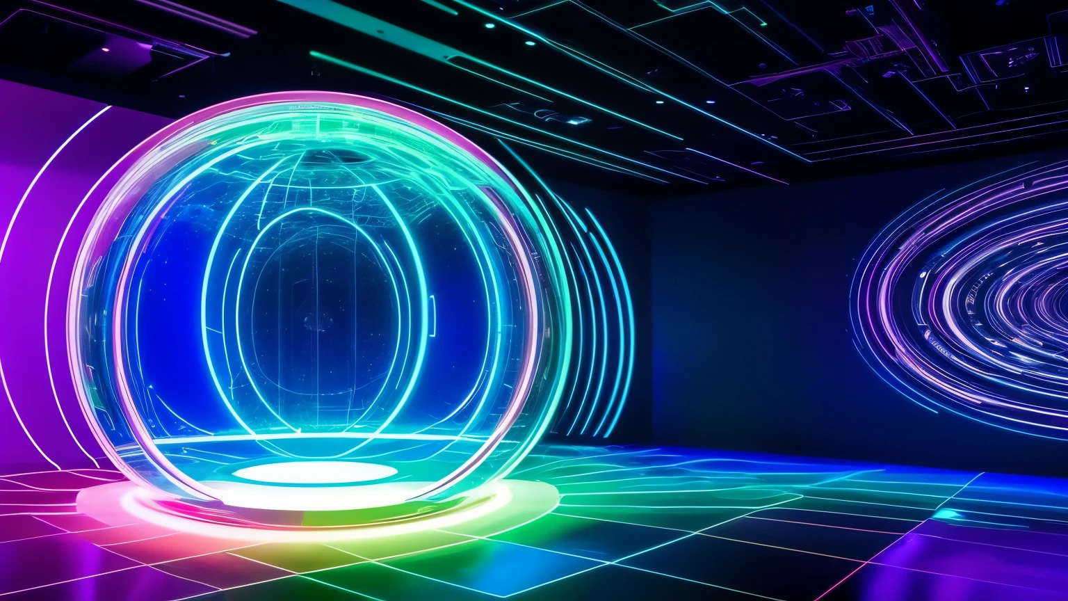 Cyber Environment: A stage surrounded by a translucent glass sphere, where digital data and code patterns continually flow across the surface. LED lights embedded in the glass flash in sync with the music, creating a hypnotic effect of abstract colors and shapes.