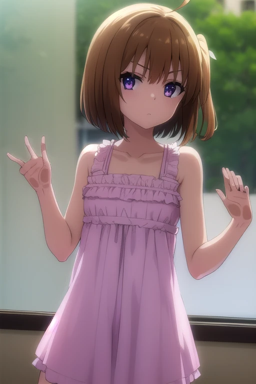 korewaharuna, haruna, short hair, brown hair, (purple eyes:1.1), ahoge, hair ornament, x hair ornament,
BREAK dress, collarbone, frills, bow, sleeveless, bare arms, hands on glass,
BREAK window, outdoors, school second floor,
BREAK looking at viewer, (cowboy shot:1.5), frontal,
BREAK (masterpiece:1.2), best quality, high resolution, unity 8k wallpaper, (illustration:0.8), (beautiful detailed eyes:1.6), extremely detailed face, perfect lighting, extremely detailed CG, (perfect hands, perfect anatomy),