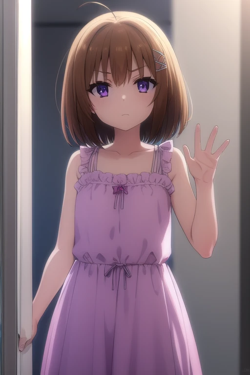 korewaharuna, haruna, short hair, brown hair, (purple eyes:1.1), ahoge, hair ornament, x hair ornament,
BREAK dress, collarbone, frills, bow, sleeveless, bare arms, hands on glass,
BREAK window, outdoors, school second floor,
BREAK looking at viewer, (cowboy shot:1.5), frontal,
BREAK (masterpiece:1.2), best quality, high resolution, unity 8k wallpaper, (illustration:0.8), (beautiful detailed eyes:1.6), extremely detailed face, perfect lighting, extremely detailed CG, (perfect hands, perfect anatomy),