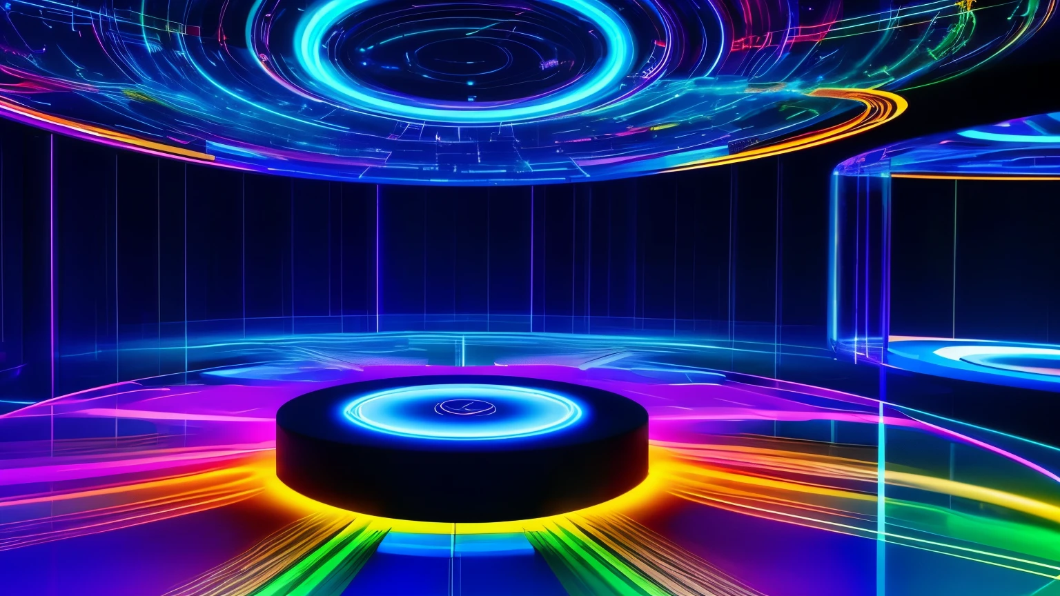 Cyber Environment: A stage surrounded by a translucent glass sphere, where digital data and code patterns continually flow across the surface. LED lights embedded in the glass flash in sync with the music, creating a hypnotic effect of abstract colors and shapes.