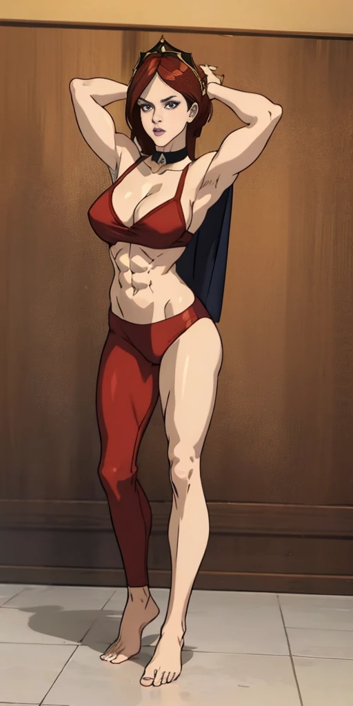 ologirlRogue looking to viewer far shot view from below, standing on 1leg wearing red bikini outfit, long red hair and short white hair, long red cape, leather choker with golden bell, full body toe to head, barefeet, tiara, muscle tone body abs, navel, ARMS UP showing shaved armpits, short hair (hands behind head) grey eyes, gem, circlet, jewelry, tiara (plain background)