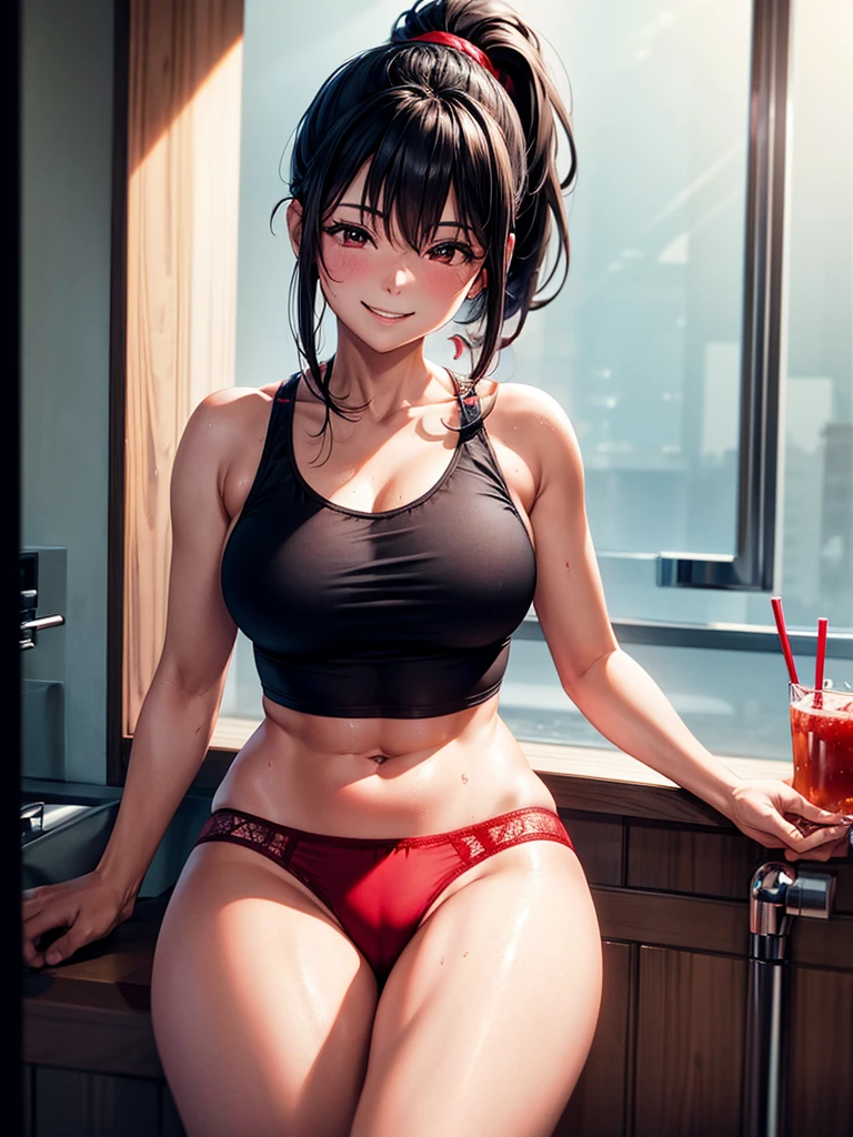 Highest quality,Highest Resolution,4K quality,Smiling woman in red underwear in the bathroom,Sweating profusely,Drink a drink,Black hair ponytail,whole body,