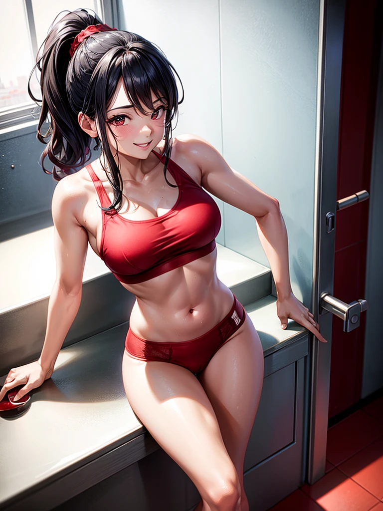 Highest quality,Highest Resolution,4K quality,Smiling woman in red underwear in the bathroom,Sweating profusely,Drink a drink,Black hair ponytail,whole body,