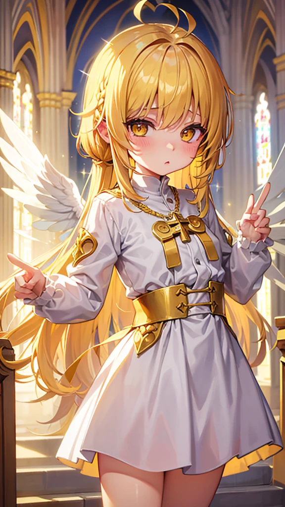 Priest , two wings on her back, gold hair, yellow sparkling eyes, white cute clothes, stands in cathedral,