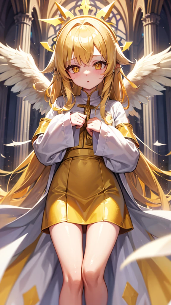 Priest loli, two wings on her back, gold hair, yellow sparkling eyes, white cute clothes, stands in cathedral,