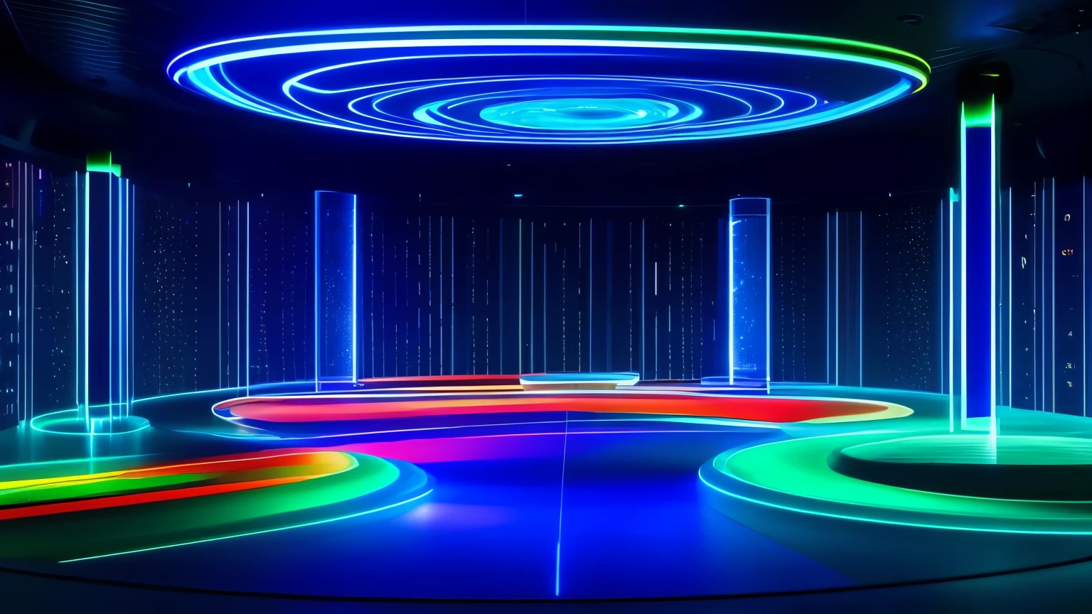 Cyber Environment: A stage surrounded by a translucent glass sphere, where digital data and code patterns continually flow across the surface. LED lights embedded in the glass flash in sync with the music, creating a hypnotic effect of abstract colors and shapes.