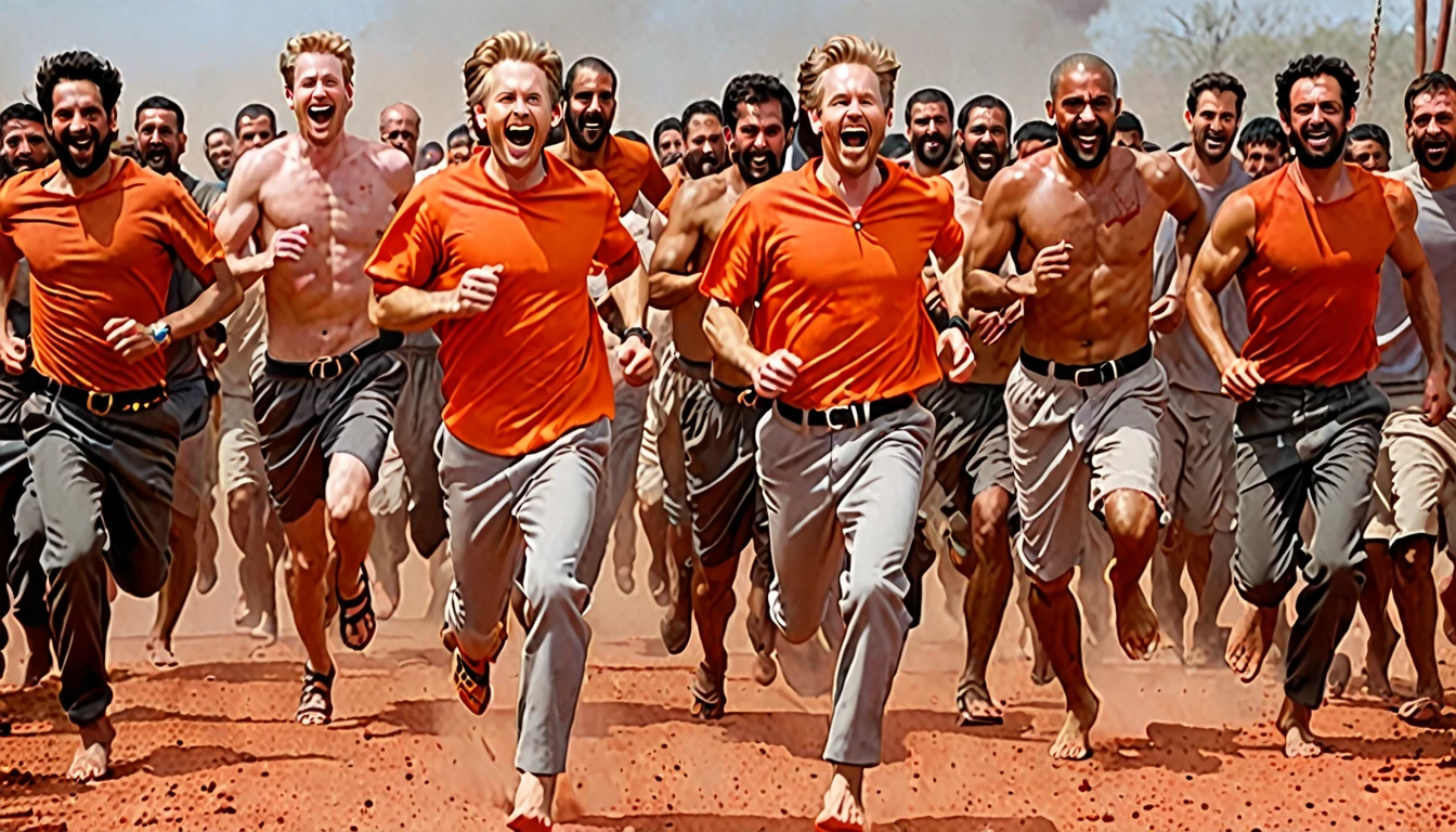 4 white men with chains on their waists connecting each other running, men behind with gray clothes, prominent man in front with opaque orange clothing, detailded, in front of everyone, men smiling, all with shirts, a little torn, barefoot, in hell, Red setting, only 4 men